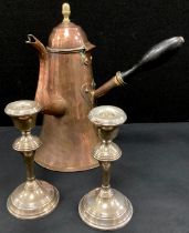 A pair of weighed silver candlesticks, Birmingham, 1987; Arts and Crafts copper coffee pot, 32cm