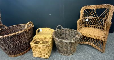 Assorted Wicker woven log baskets, picnic hampers, child’s chair; etc