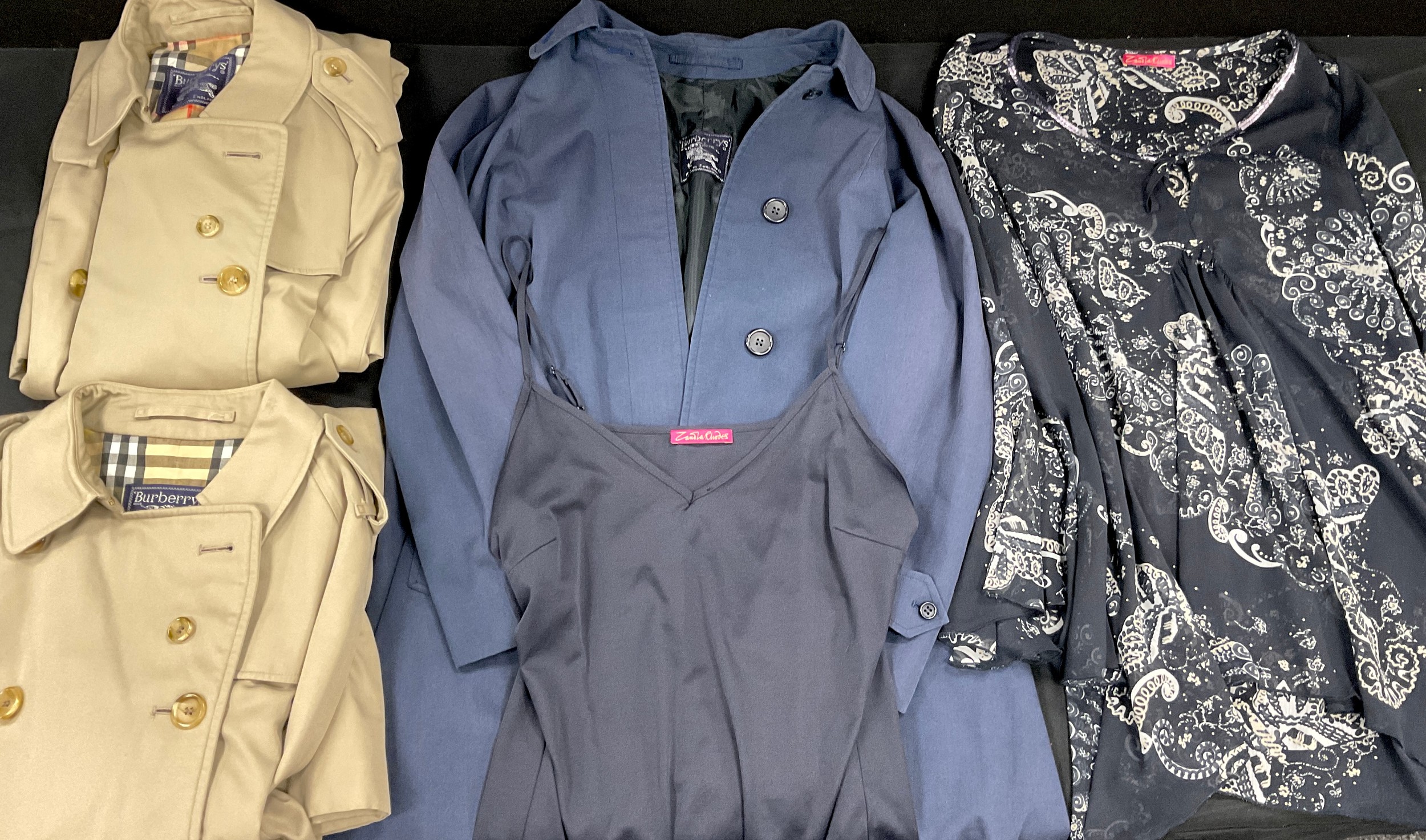 Burberry - a lady's blue rain coat, size approx 14; others two full length rain coats, size 14, Zara