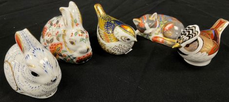 Royal Crown Derby paperweights - Meadow Rabbit, Bunny, Crested Tit etc, all gold stoppers (5)