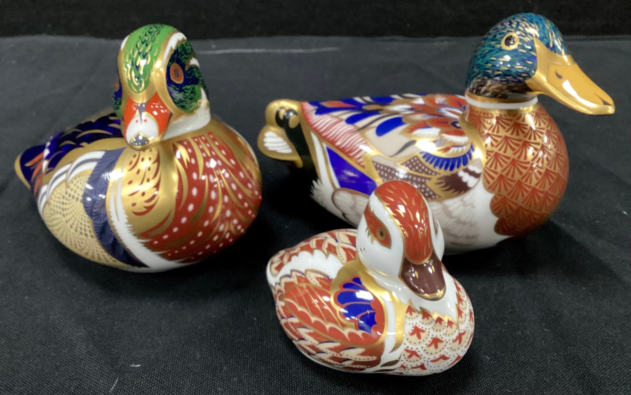 Royal Crown Derby Paperweights - Mallard, Carolina Duck, Swimming Duckling, all gold stopper (3)
