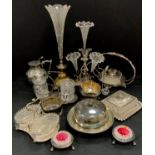 Plated - Victorian silver plate four branch epergne, etched glass trumpet glass mounts, 37cm high,