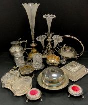 Plated - Victorian silver plate four branch epergne, etched glass trumpet glass mounts, 37cm high,
