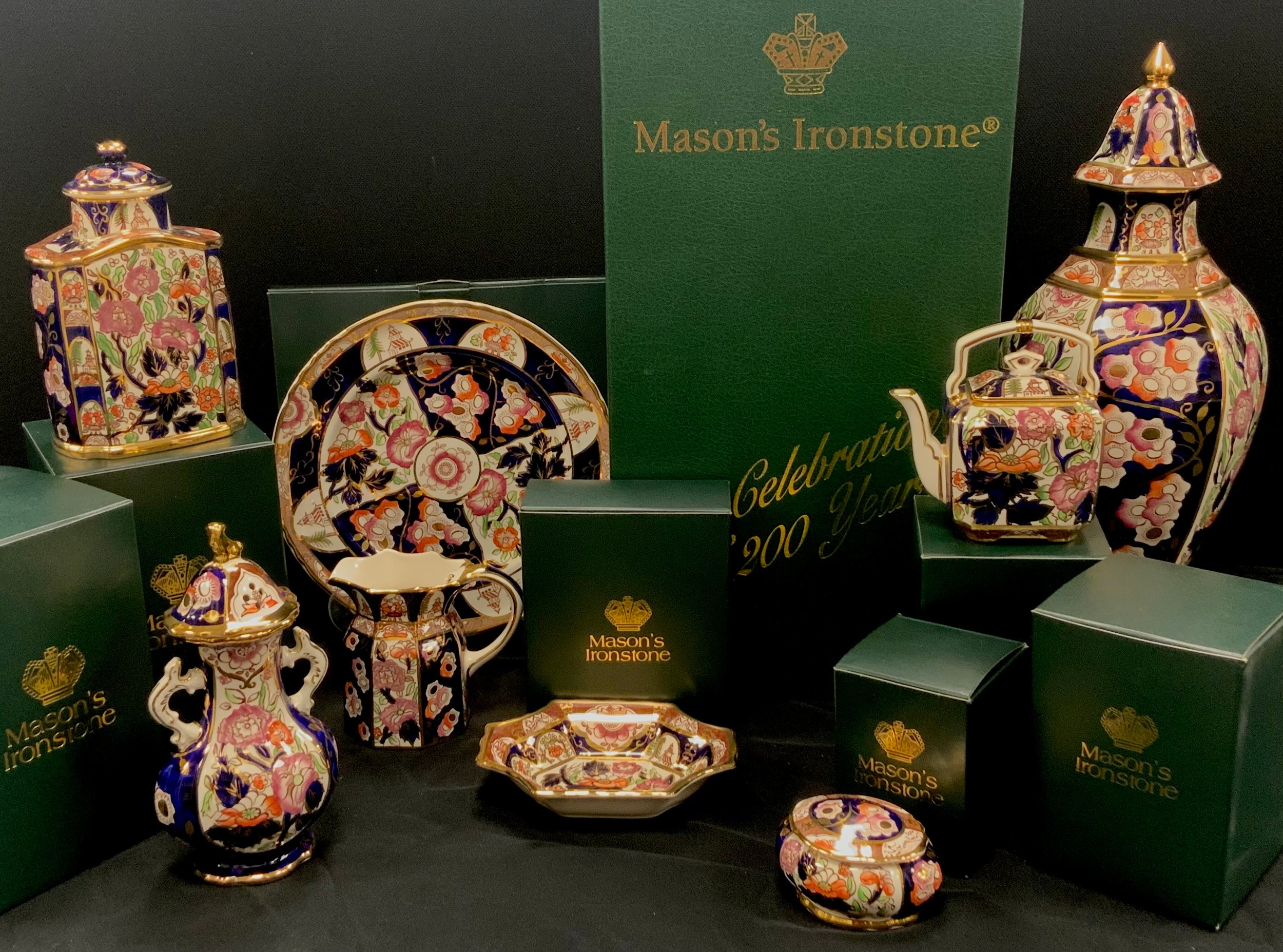 Masons Ironstone ‘Penang’ ware, celebrating 200 years including; large lidded vase, 46cm high,