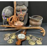 Boxes and objects - large tribal mask, 79cm high, Masai woman bust, 43cm high, copper kettle,
