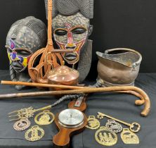 Boxes and objects - large tribal mask, 79cm high, Masai woman bust, 43cm high, copper kettle,