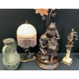 An Art Deco style lamp of women holding marbleised shade, 42cm high; etc