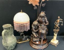 An Art Deco style lamp of women holding marbleised shade, 42cm high; etc