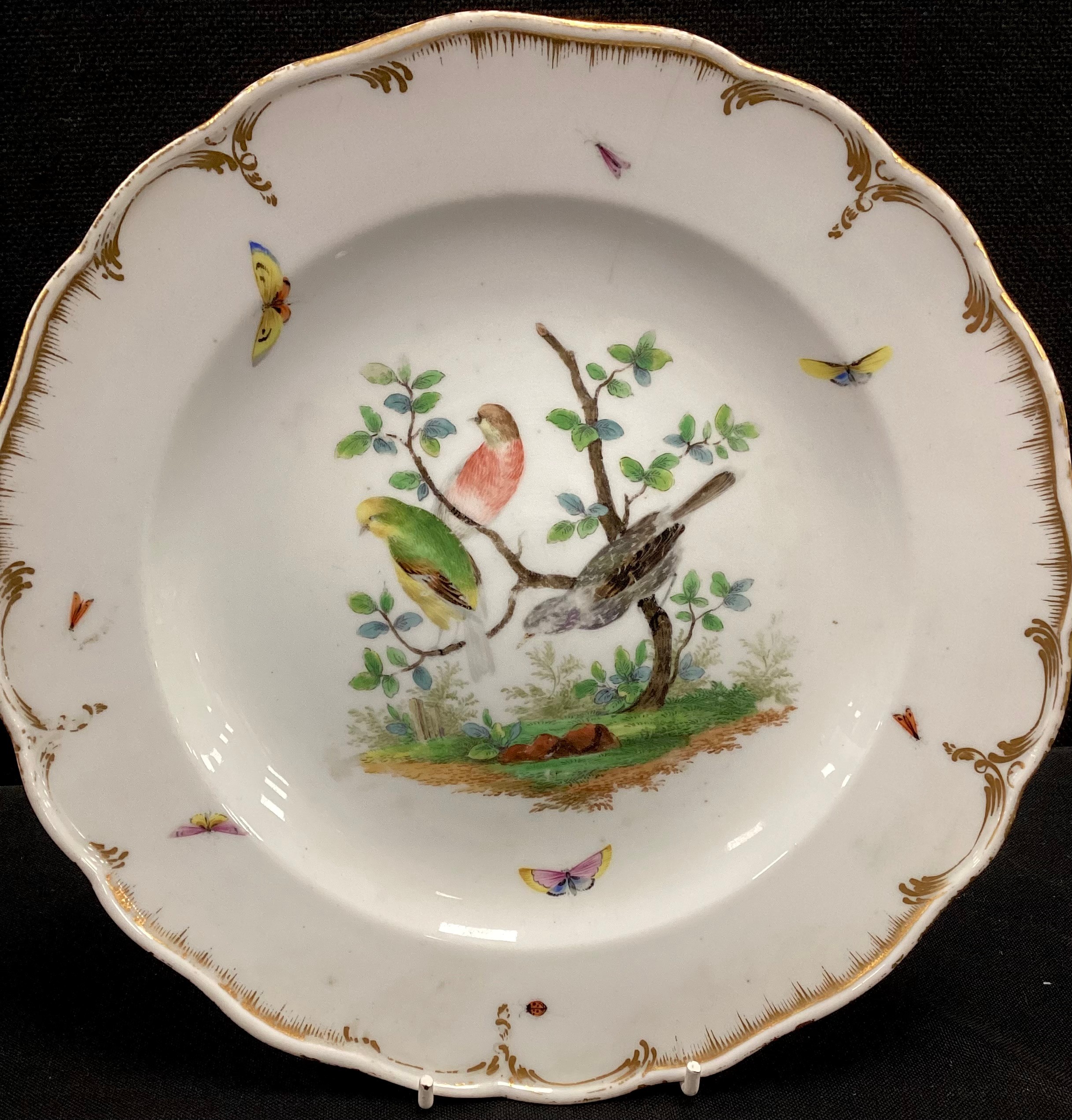 Ceramics - 19th century Meissen porcelain plate, hand painted with birds and insects, gilt border, - Image 3 of 3