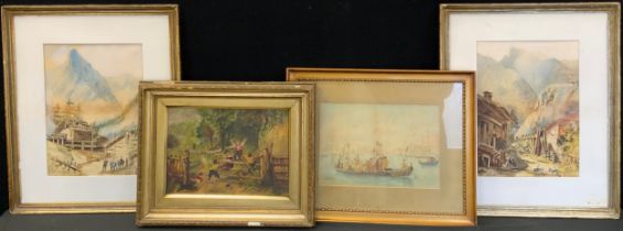 M T Hill, Arrival in Venice, signed watercolour, dated 1907; a pair Alpine cottages etc (4)