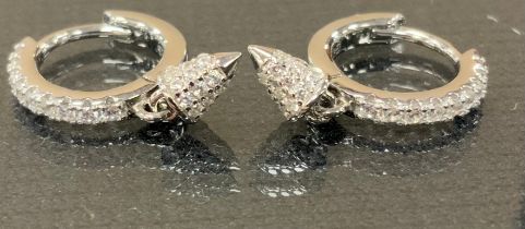A pair of Cubic Zirconia torpedo drop hoop earrings, 925 silver mounts.