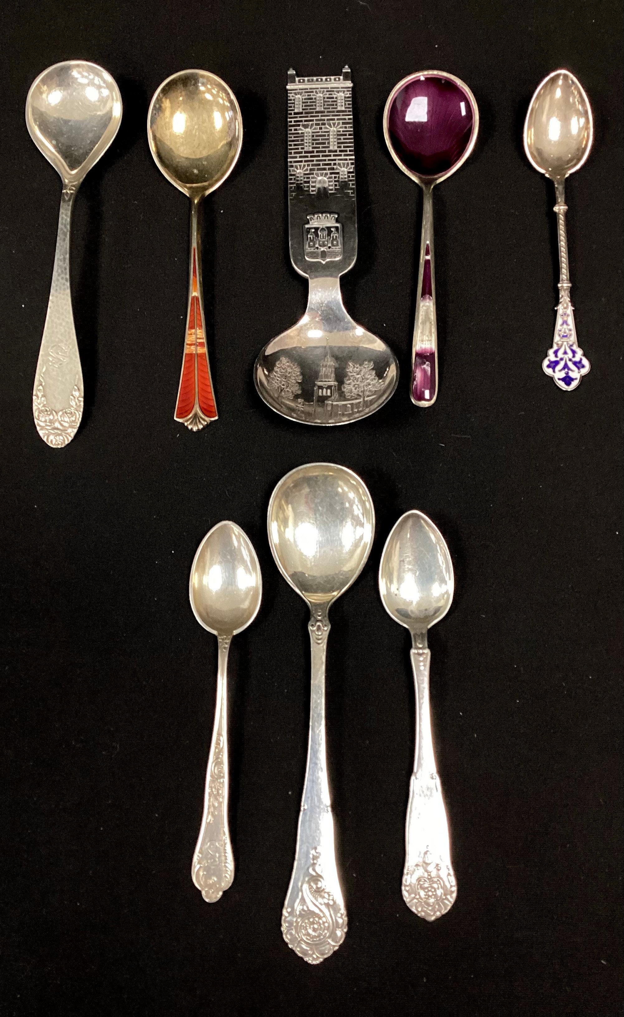A David Andersen Norwegian 925 silver enamelled spoon, others L Felumb 830s, Hilsen Fra Arbeid