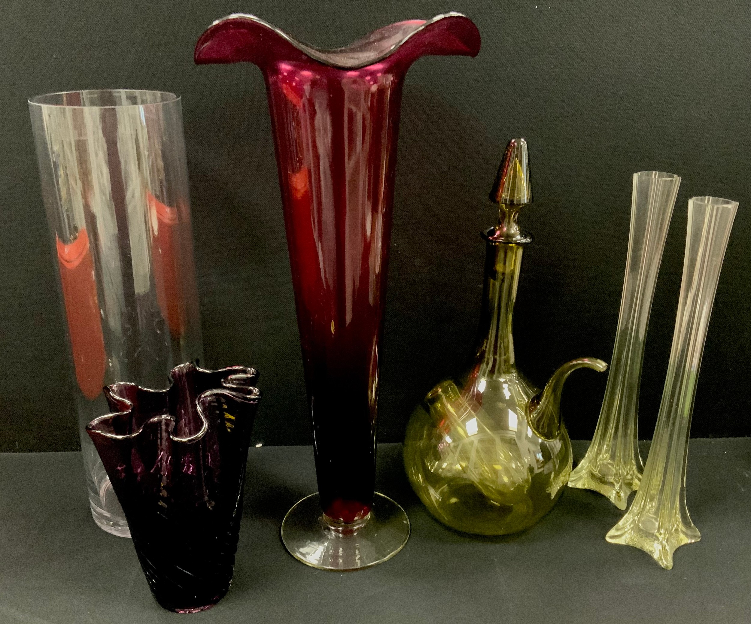 Art glass - large ruby frilled edged trumpet vase, 56cm high, green glass wine decanter, 45cm