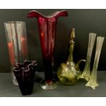 Art glass - large ruby frilled edged trumpet vase, 56cm high, green glass wine decanter, 45cm