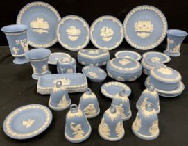 Wedgwood powder blue jasperware - Christmas Bells, plates, trinket dishes, heart box and cover,