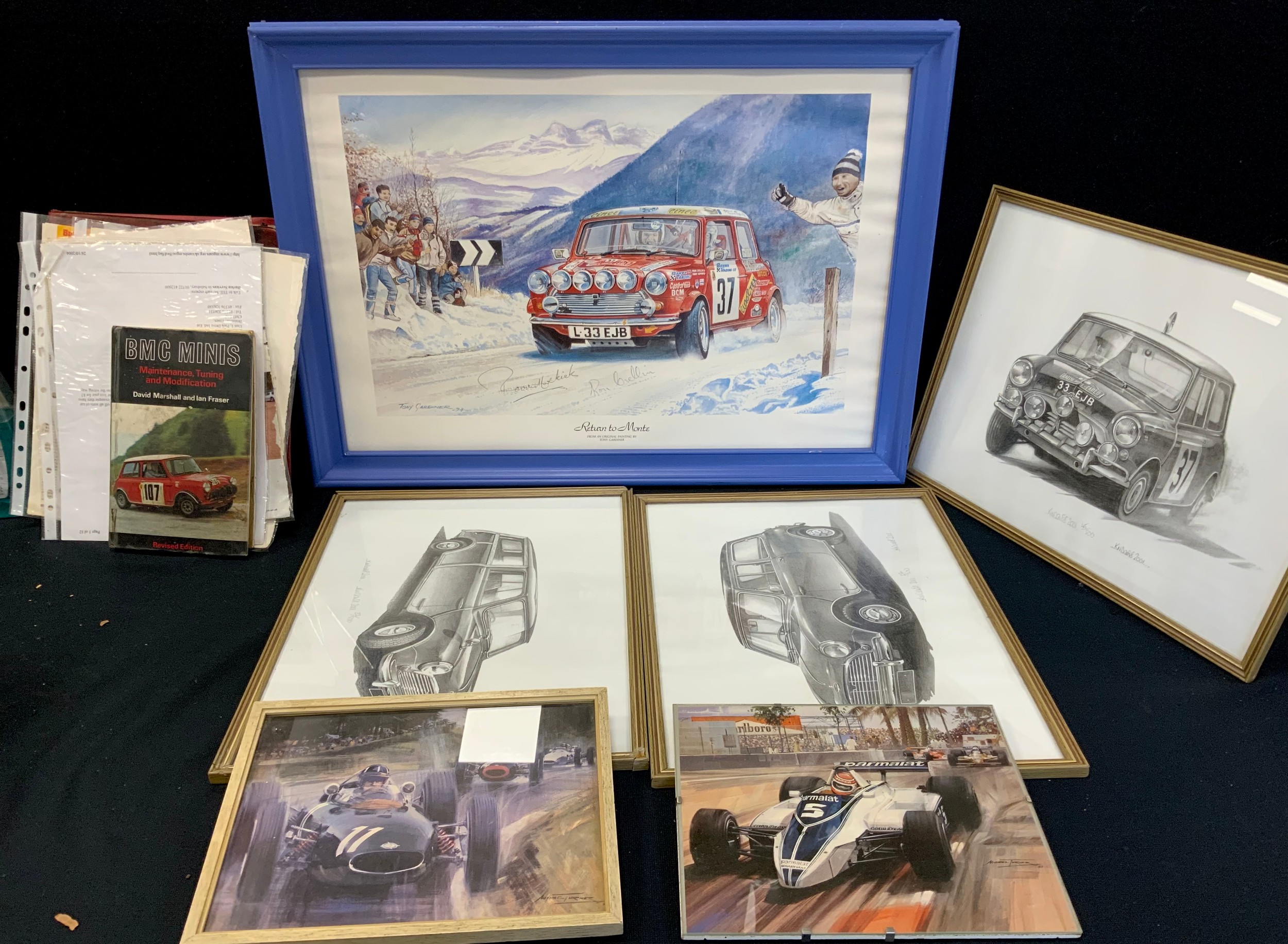 Automobiles - Mini interest inc workshop manuals, Tony Gardiner signed print Return to Monte etc