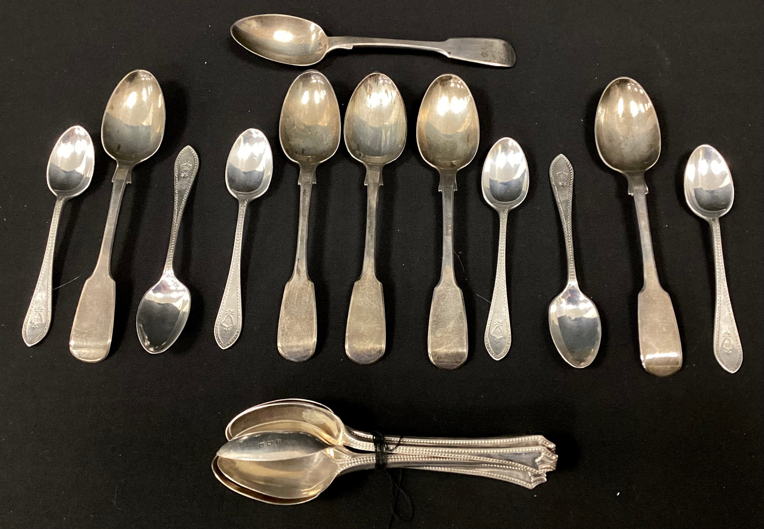 A set of six Victorian silver tea spoons, Hyam Hyams, London 1855, set of six Egg spoons, Walker &