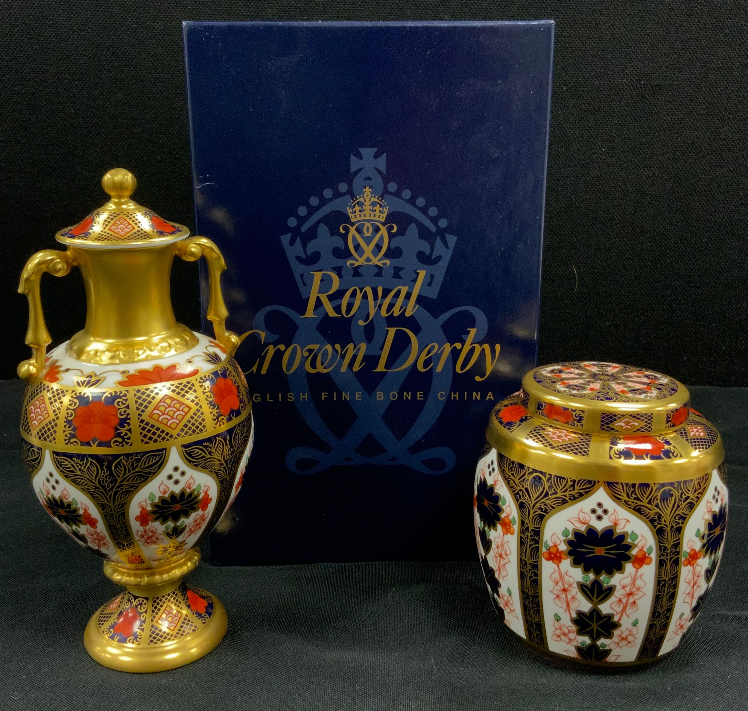 Royal Crown Derby 1128 pattern ‘Sudbury’ twin handled lidded vase, 20cm high, ginger jar and