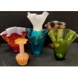 An Art Glass handkerchief vase, in mottled amber and clear colour tones, others red, blue, green