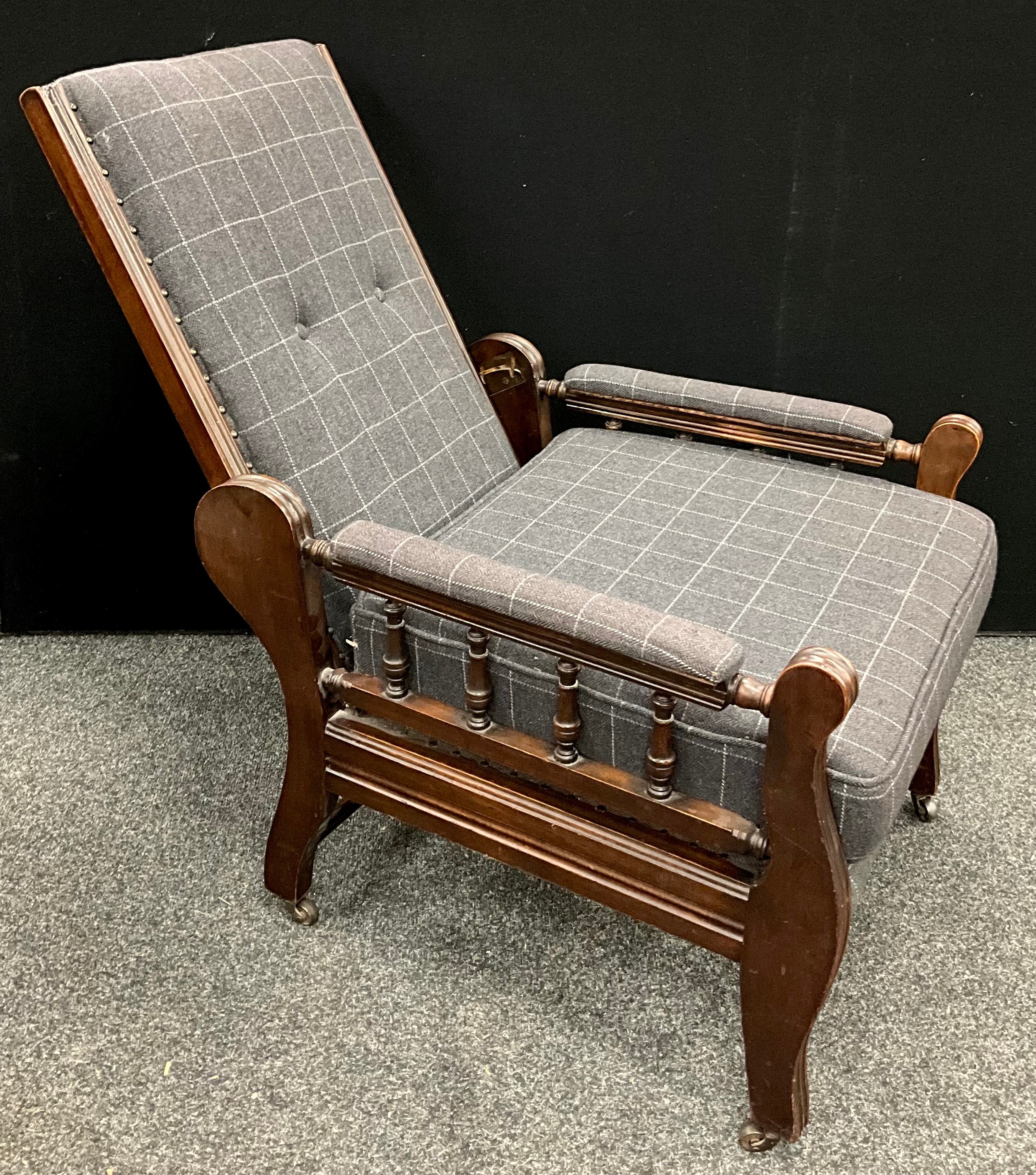 An unusual Victorian mahogany adjustable drawing room chair, stamped to verso, iron casters, c.1880 - Image 3 of 3