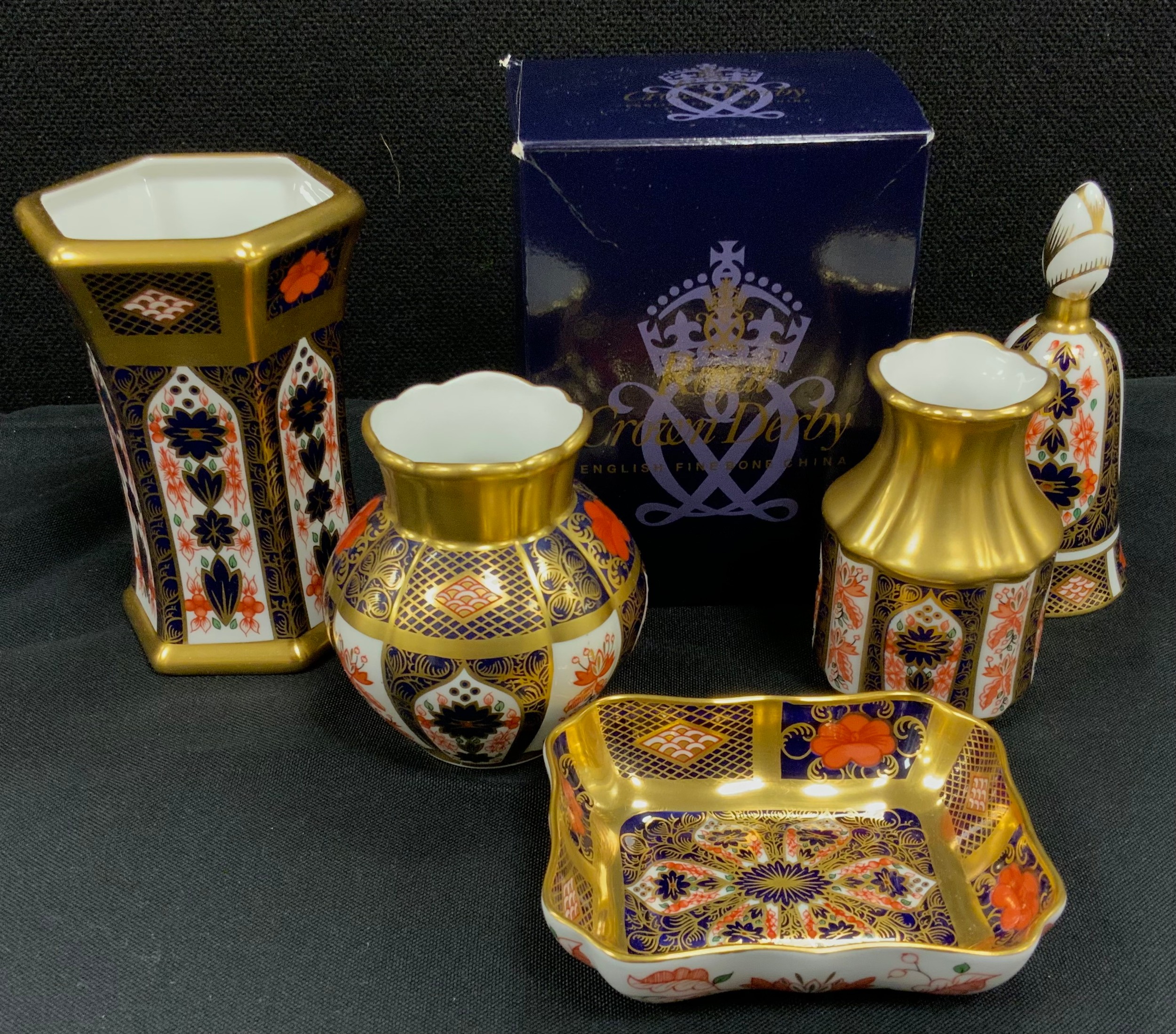 Royal Crown Derby 1128 Imari pattern including; hexagonal vase, 11cm high, multi-lobed ovoid vase,