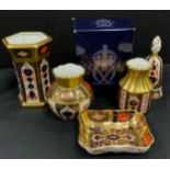 Royal Crown Derby 1128 Imari pattern including; hexagonal vase, 11cm high, multi-lobed ovoid vase,