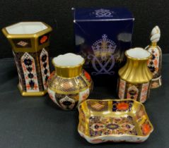 Royal Crown Derby 1128 Imari pattern including; hexagonal vase, 11cm high, multi-lobed ovoid vase,