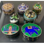 An enamelled white metal pill box, Taj Mahal; others Elephant, floral etc, all unmarked white metal,