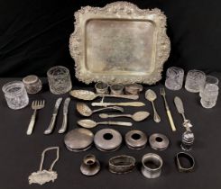 Silver & Plate - four silver napkin rings; silver topped cut glass hair tidy, other jars, trinket