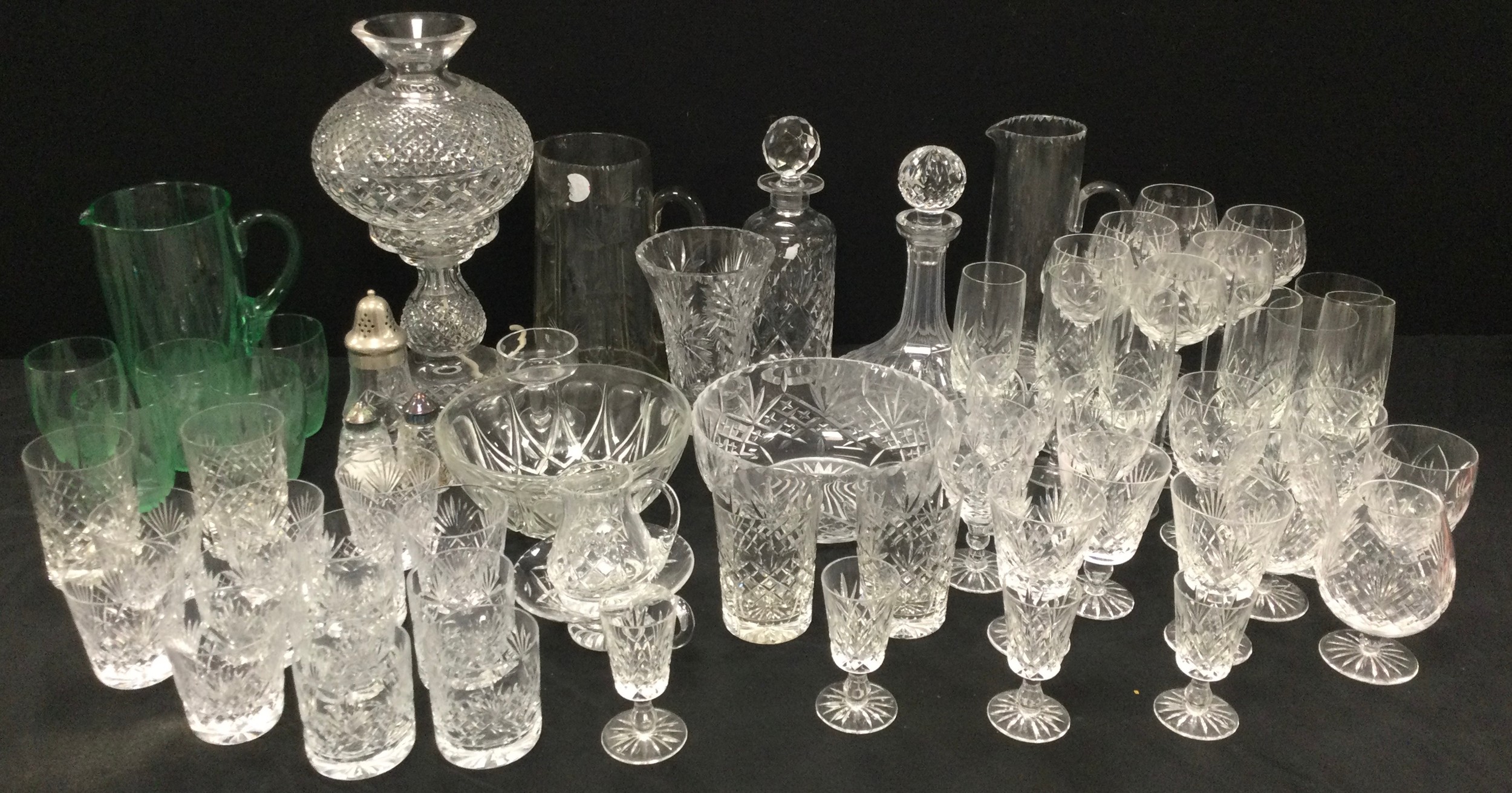 Glass ware - cut glass mushroom lamp, 35cm high, six cut wine glasses, six champagne flutes, six