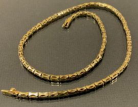 A yellow metal fancy link necklace, stamped 14kt, 42cm long, 12.8g gross