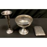 A George V silver pedestal bonbon dish, Sheffield 1929; bud vase, weighted base; cigarette case,