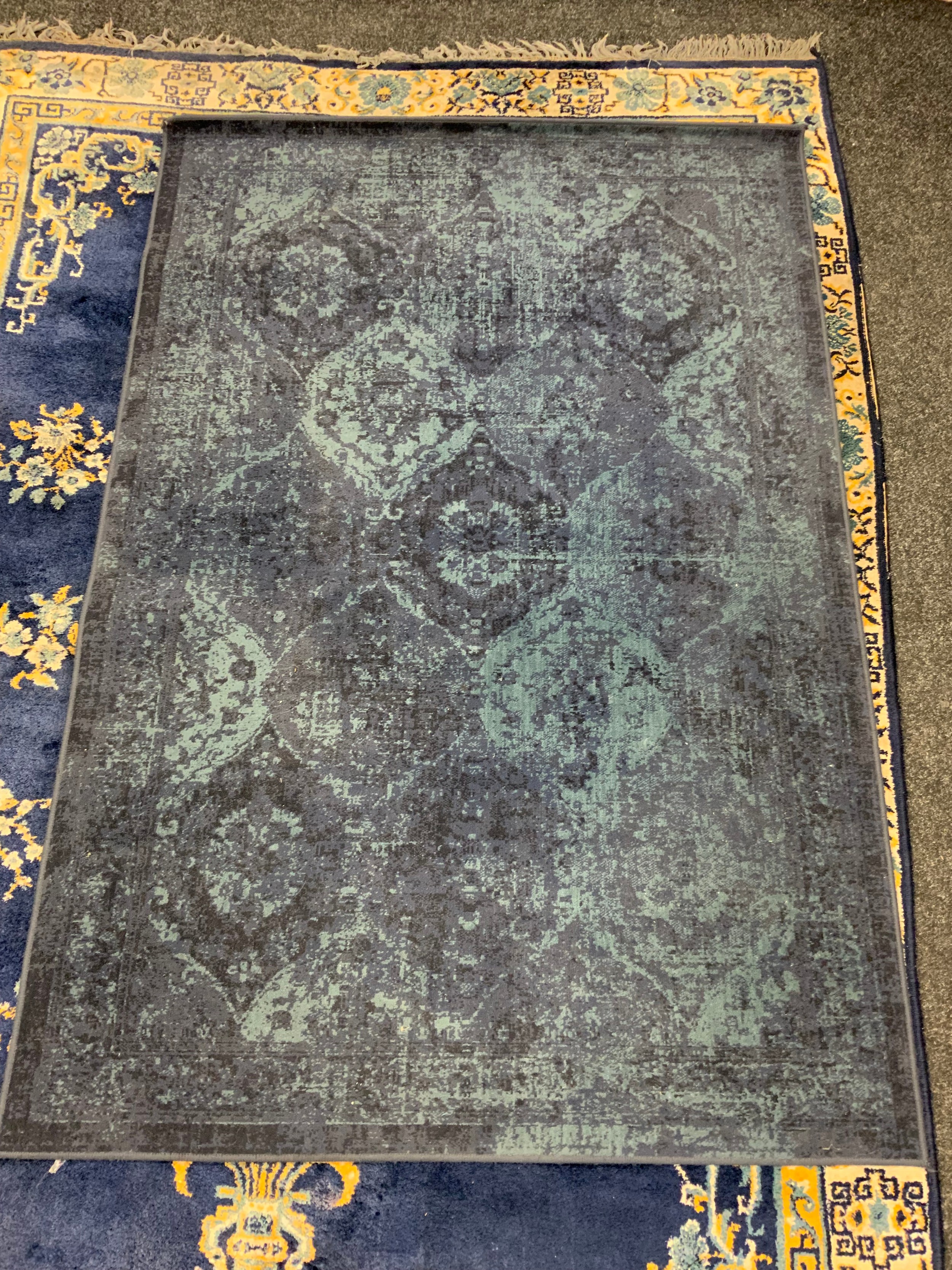 A Chinese silk and wool mix rug, central floral medallion within blue ground, stepped floral borders - Image 3 of 3