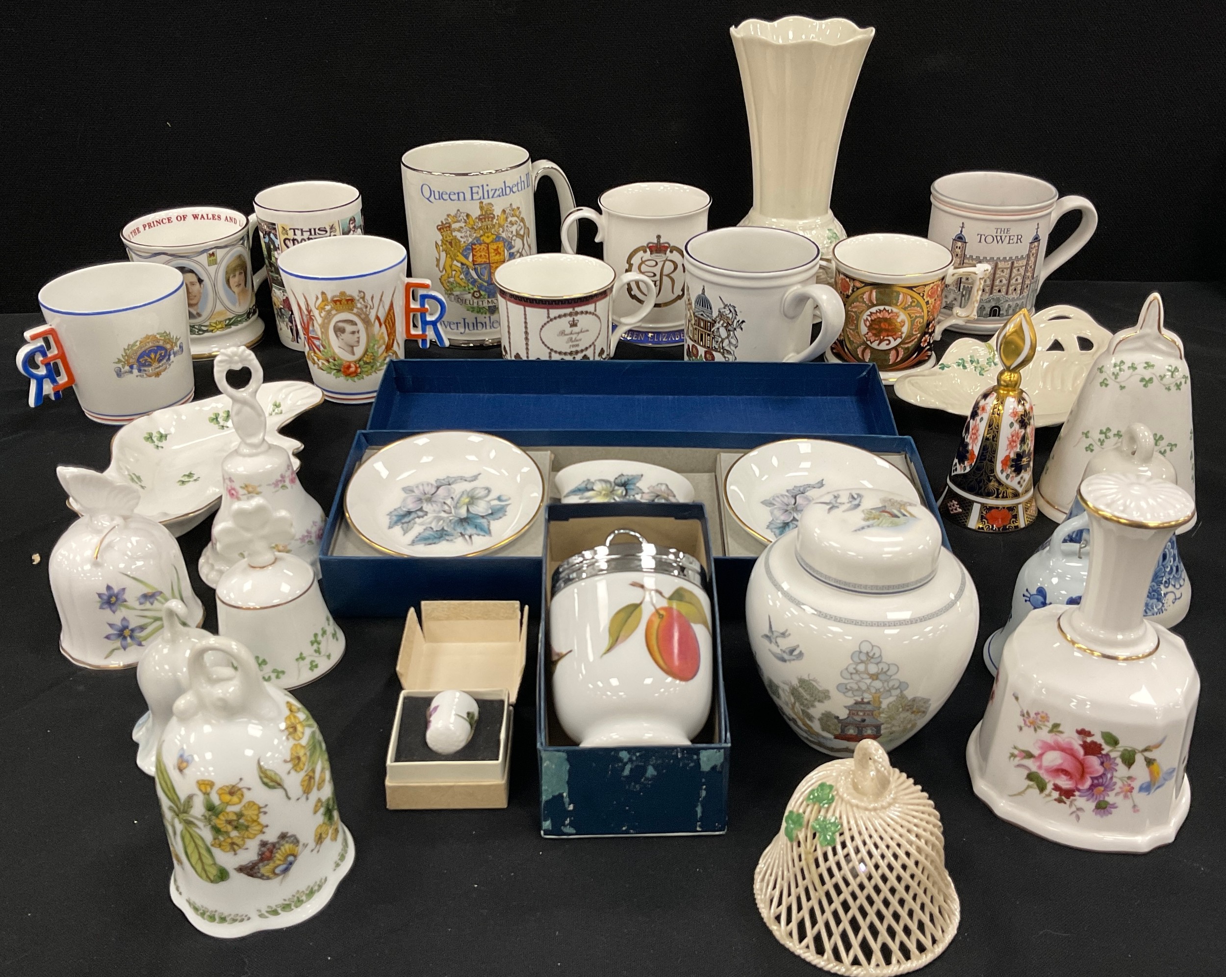 Ceramics - Belleek porcelain vase. Art Nouveau figure bowl, basket weave bell; Royal Crown Derby