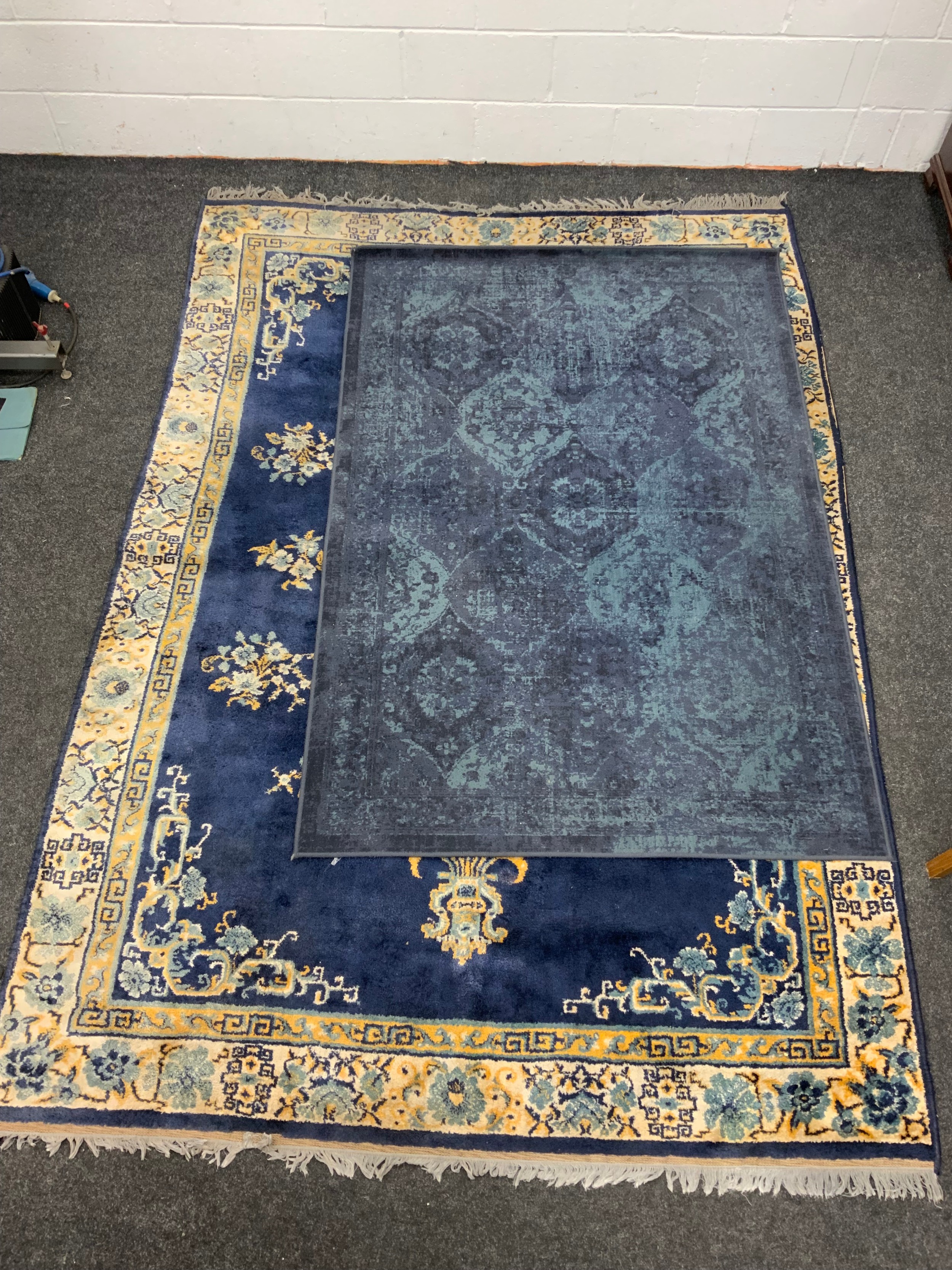 A Chinese silk and wool mix rug, central floral medallion within blue ground, stepped floral borders - Image 2 of 3