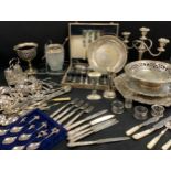 Plated ware - candlabrum, silver napkin rings, silver handled knives and fork, flatware; etc