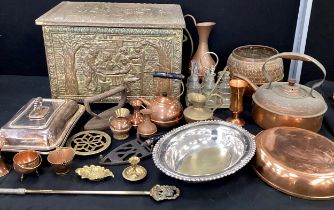 Metalware - a copper kettle, various brass and copper, a log box, flat irons, a silver plated entrée