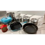 Cookery and Kitchen equipment - Le Creuset - three stainless steel lidded saucepans, single sauce
