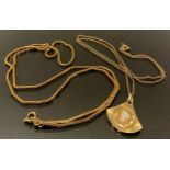 A 9ct gold box link chain necklace, snapped, 6.9g; a cameo pendant necklace, 9ct gold mount and