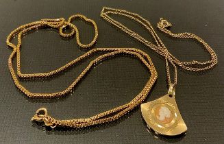 A 9ct gold box link chain necklace, snapped, 6.9g; a cameo pendant necklace, 9ct gold mount and