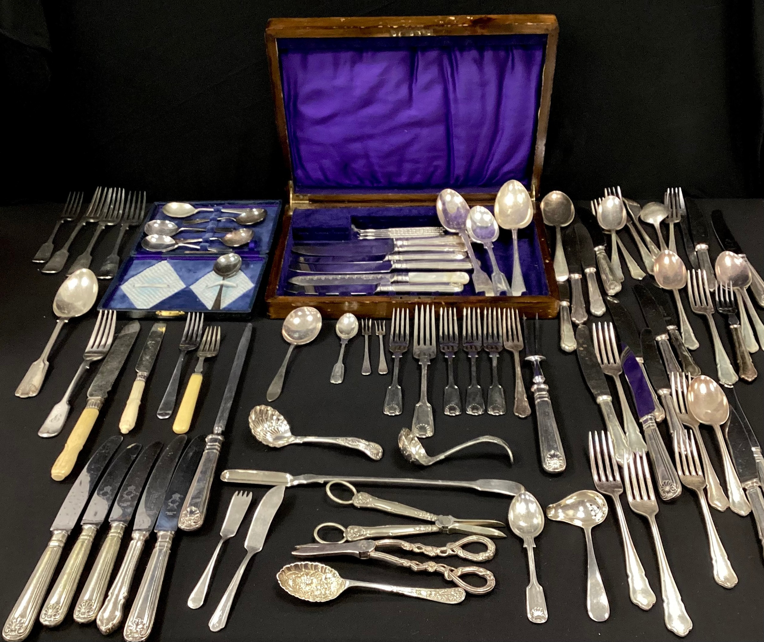 Silver plate - assorted silver plated flatware, part canteen, assorted patterns, inc grape scissors,