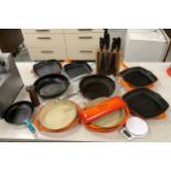 Kitchen and cookery equipment - two Le Creuset frying pans, gridle pan, dishes, Denby frying pan,