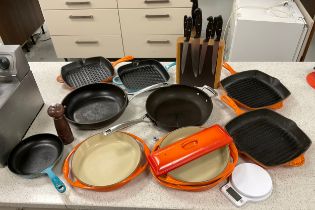 Kitchen and cookery equipment - two Le Creuset frying pans, gridle pan, dishes, Denby frying pan,