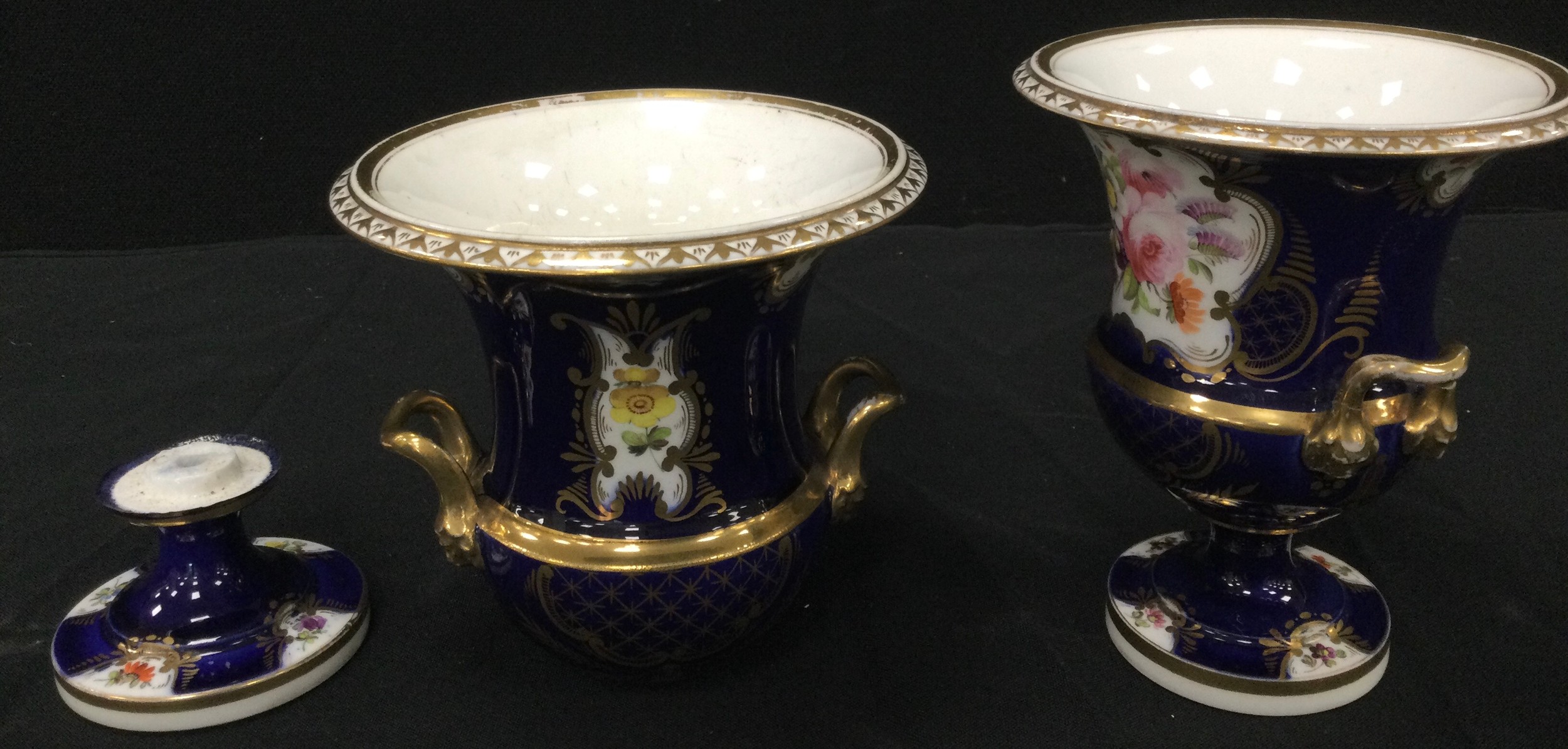 A 19th. Century English porcelain Campana shaped spill vase , painted with floral panels , cobalt