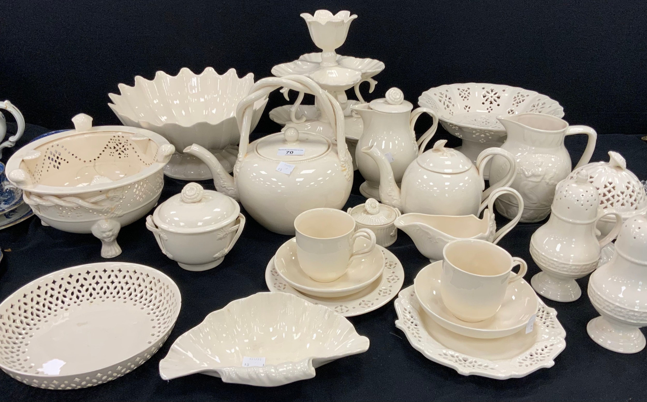 Leedsware Classical Creamware including pierced pedestal bowl, conch shaped bowl, tea pot, coffee