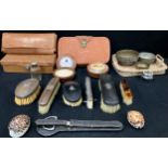 Boxes and Objects - a silver mounted scent bottle; leather travelling cases; brushes; etc