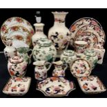 Ceramics - Masons Ironstone in Mandalay and Green Chartreuse patterns inc vases, table lamp,