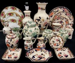 Ceramics - Masons Ironstone in Mandalay and Green Chartreuse patterns inc vases, table lamp,