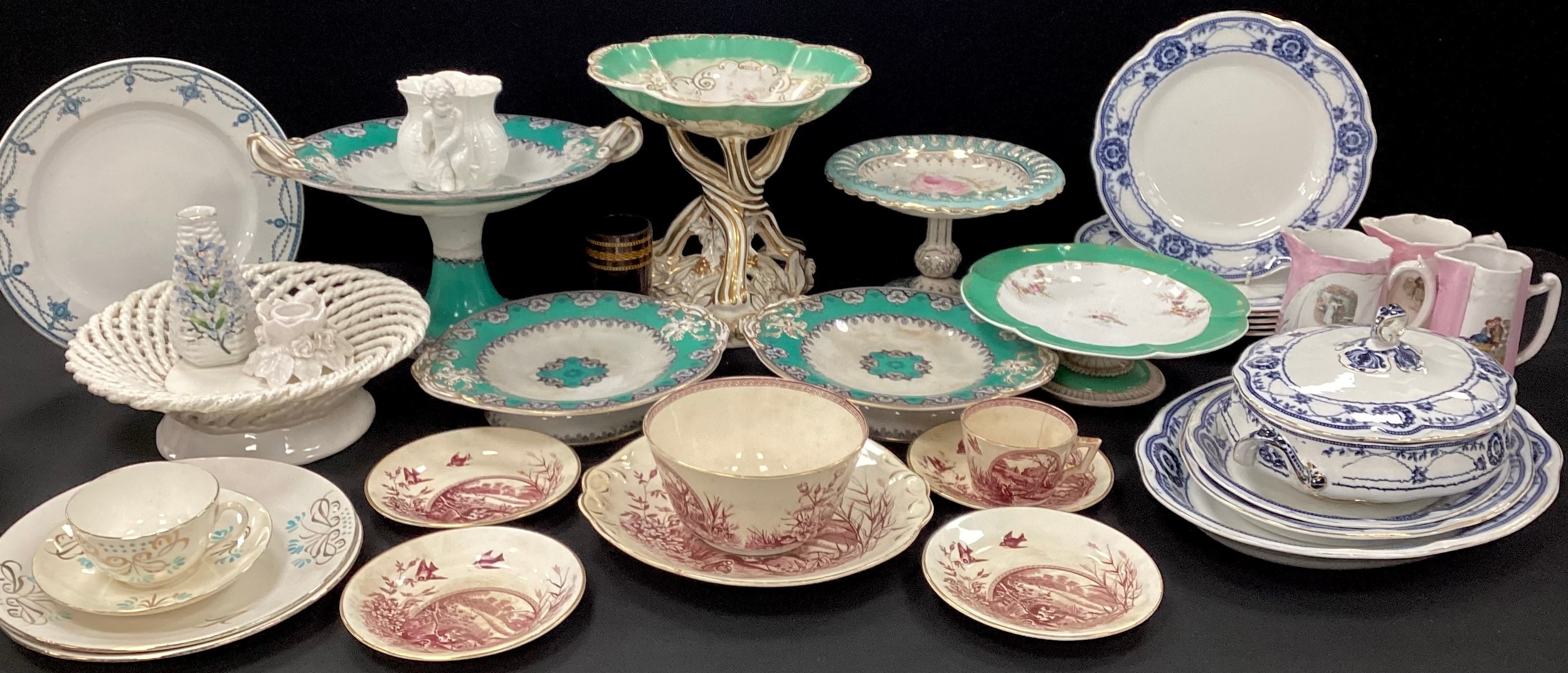 19th century and later English porcelain including; Bloor Derby multi lobed pedestal bowl, intwining