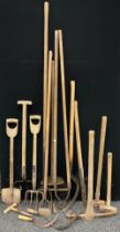 Vintage agricultural and garden tools - bill hook, sickles, long-handled sickle, garden forks,